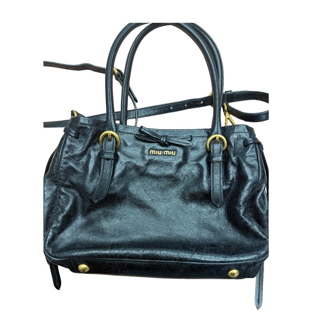 Miu Miu Ribbon Vitello Shine Nero Calf Leather Tote – Authenticated – Excellent